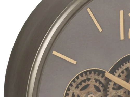 Klok Grontas Grijs met gouden accenten en zichtbaar tandwielontwerp, stoere wandklok in metaal, glas en MDF