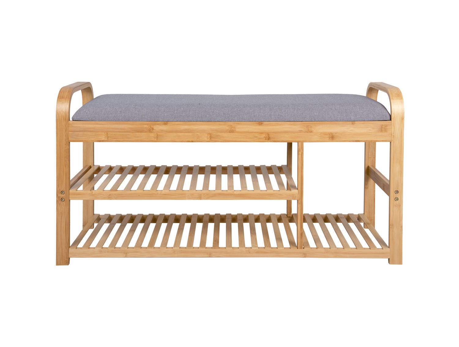 Wandplank Preilvas Bamboe 100 cm met grijze zitting en twee open planken voor schoenen en accessoires