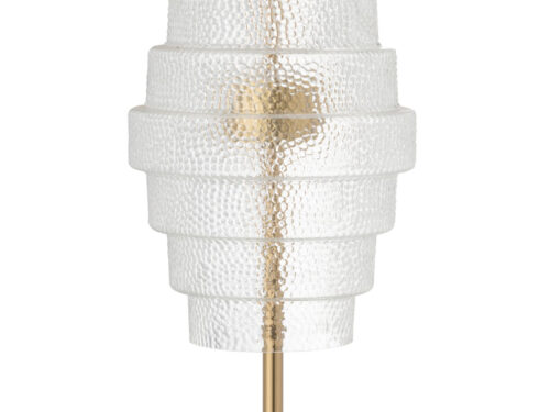 Tafellamp Foorrino van glas en ijzer, 57 cm hoog, met transparante kap en gouden basis
