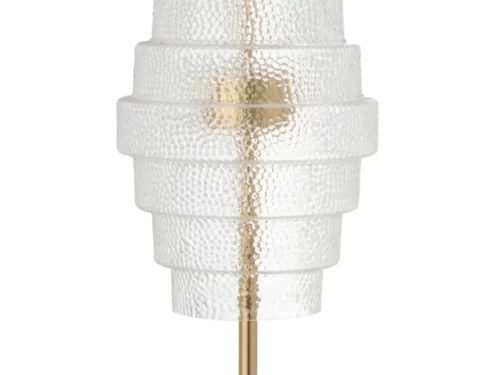 Tafellamp Foorrino van glas en ijzer, 57 cm hoog, met transparante kap en gouden basis