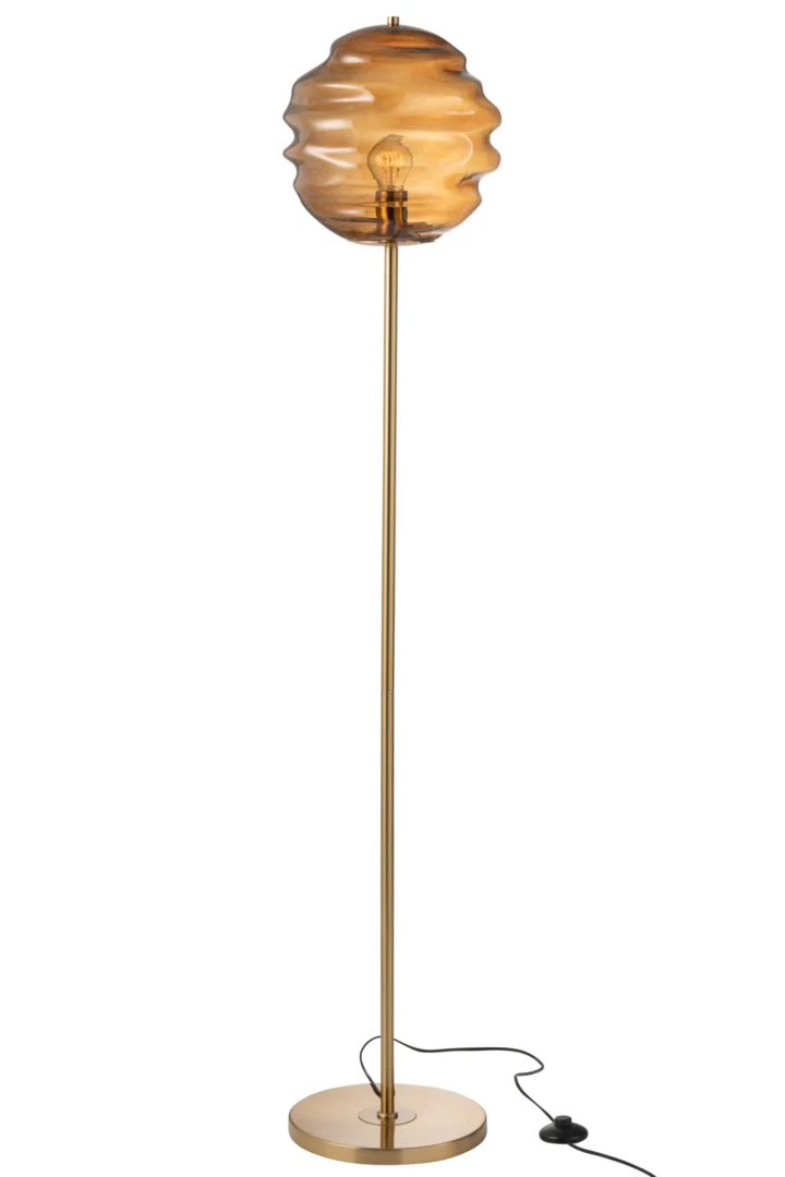 Vloerlamp Baumir Glas H156 cm met bruine glazen kap, slanke goudkleurige voet en warm sfeervol licht