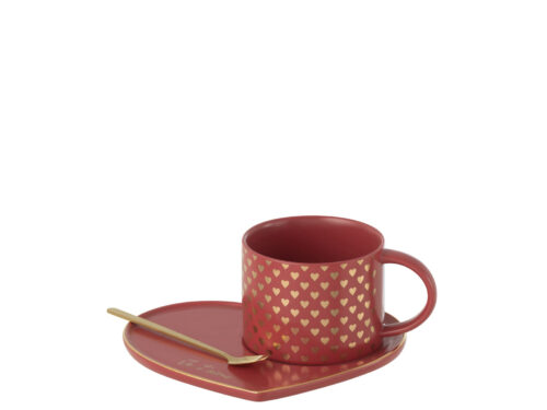 Mok Tralvello Keramiek rood met hartjesprint, schotel en lepel voor koffie of thee