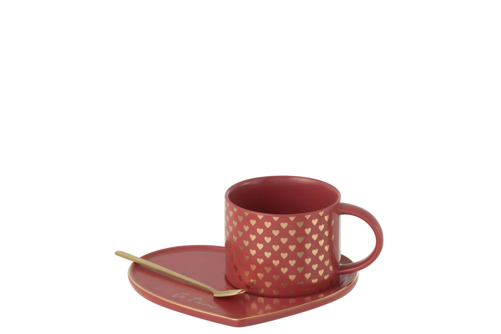 Mok Tralvello Keramiek rood met hartjesprint, schotel en lepel voor koffie of thee