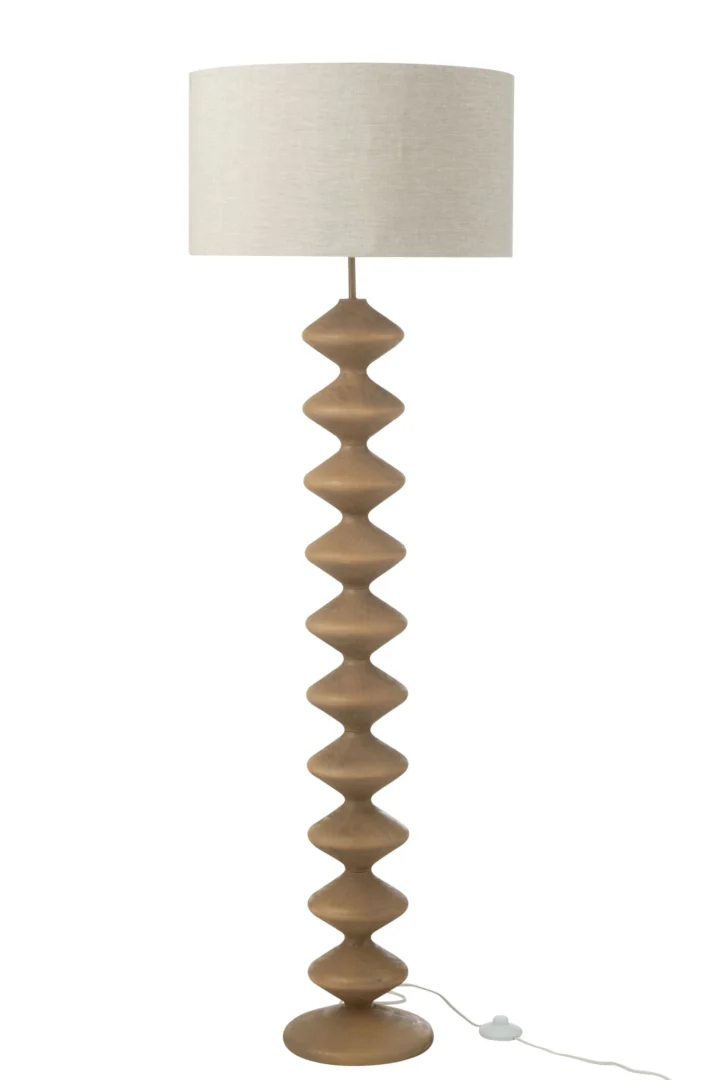 Vloerlamp Seeskira H156 cm met houten sculpturale voet en naturelle linnen kap, warme uitstraling