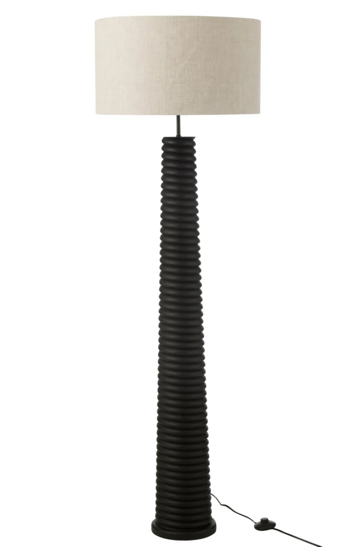 Vloerlamp Keesora Hout H160 cm met zwarte geribbelde voet en beige linnen kap, modern en sfeervol