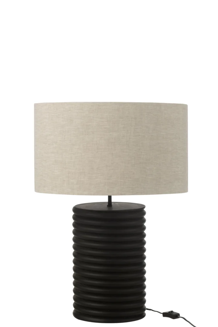Tafellamp Malaga met zwarte houten voet en beige linnen kap, sfeervol en natuurlijk design