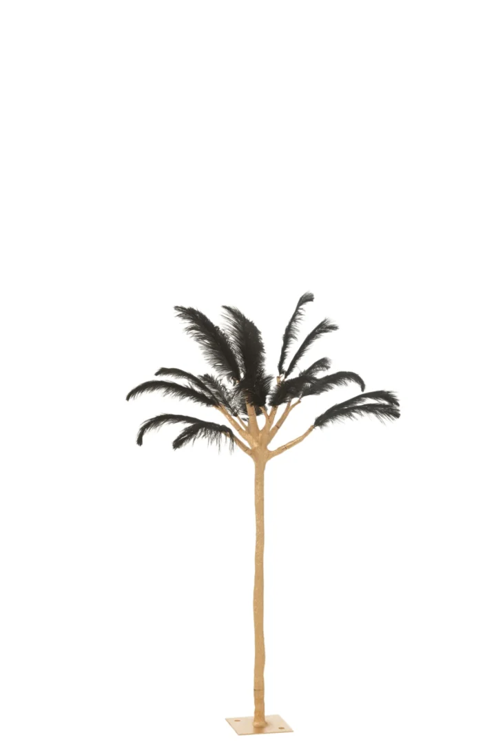 Decoratie Lonsello staal zwart met hoge slanke stam en zwarte verenbladeren op voetplaat