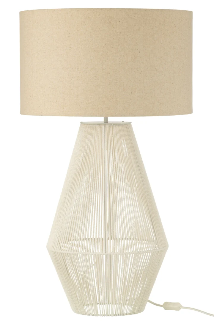 Tafellamp Zaurry Wit H78 cm met beige lampenkap en opengewerkte, gestreepte voet in luchtig design