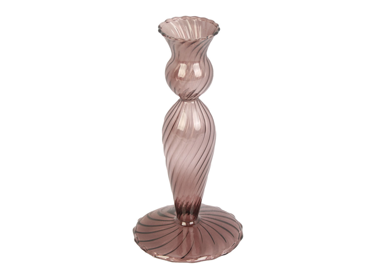 Kandelaar Praume van bruin glas, 17 cm hoog, met elegante gedraaide vorm en brede voet
