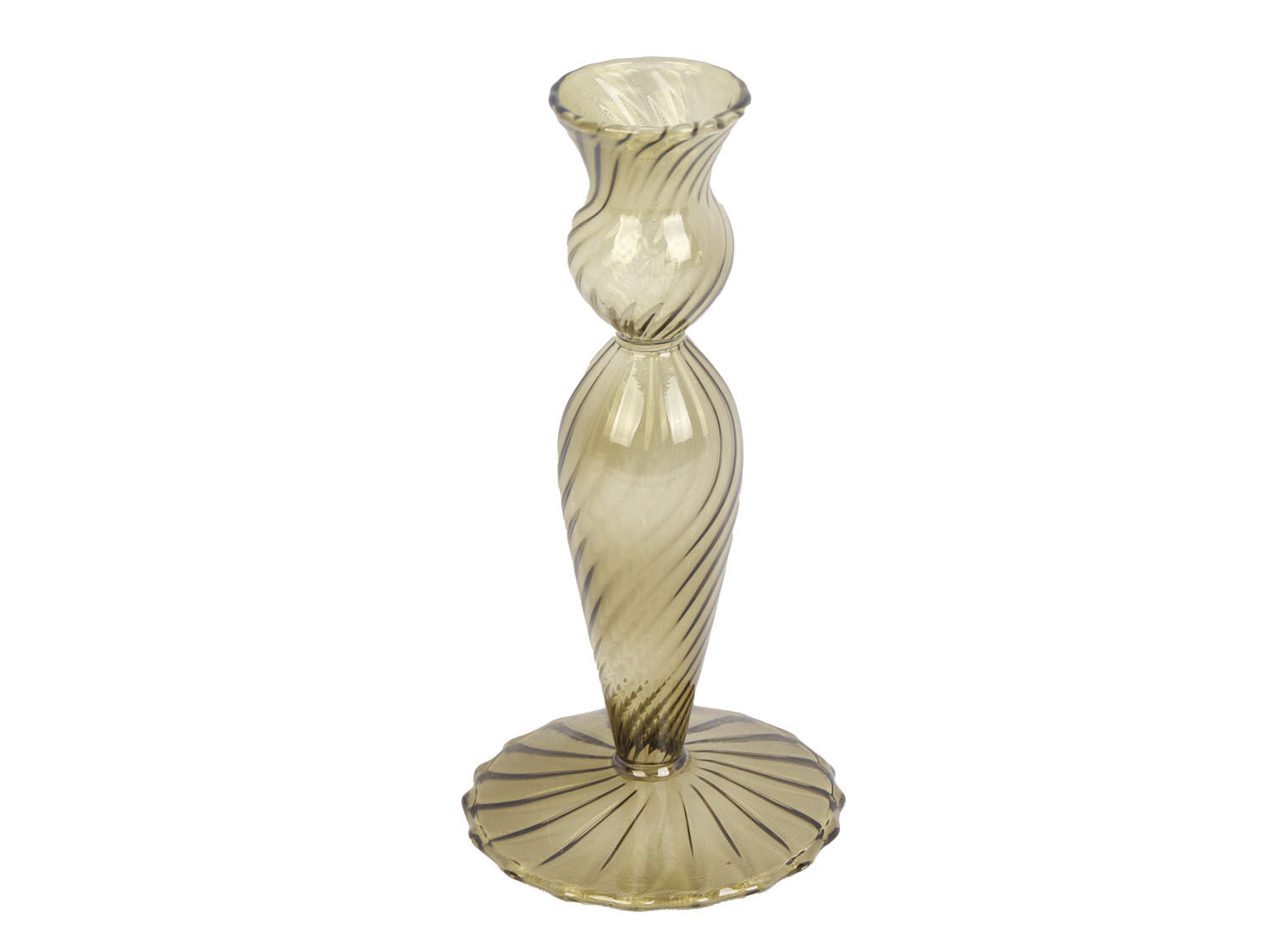 Kandelaar Bientine glas groen Ø9 cm, compacte decoratieve kandelaar met geribbelde, gedraaide vorm