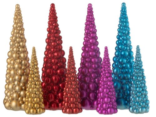 Kerstballen Preeltan meerkleurig set van 4, glanzende speelse kegelvormen in goud, rood, paars en blauw