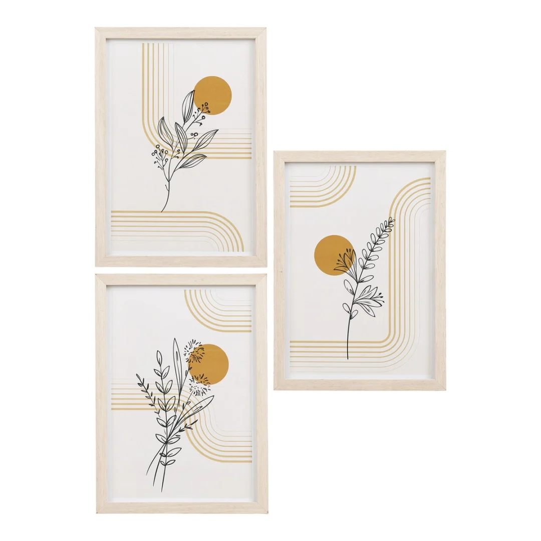 Fotolijst Poormena Glas Naturel set van 3 met lichte houten rand en botanische print, strak en natuurlijk design