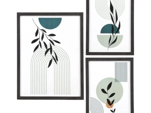 Grevone glas zwart set van 3 wandlijsten met abstracte botanische prints en strakke zwarte MDF-randen