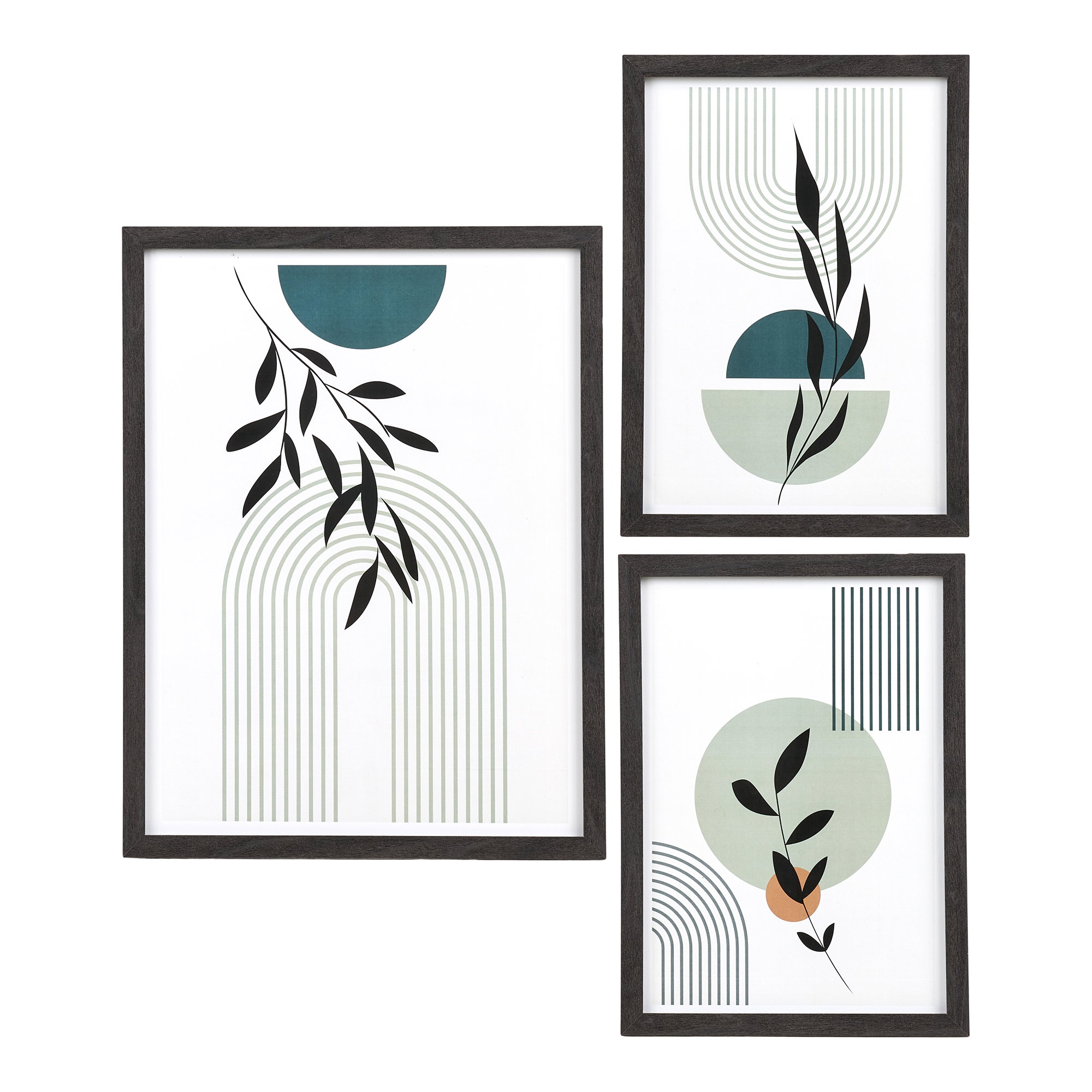 Grevone glas zwart set van 3 wandlijsten met abstracte botanische prints en strakke zwarte MDF-randen