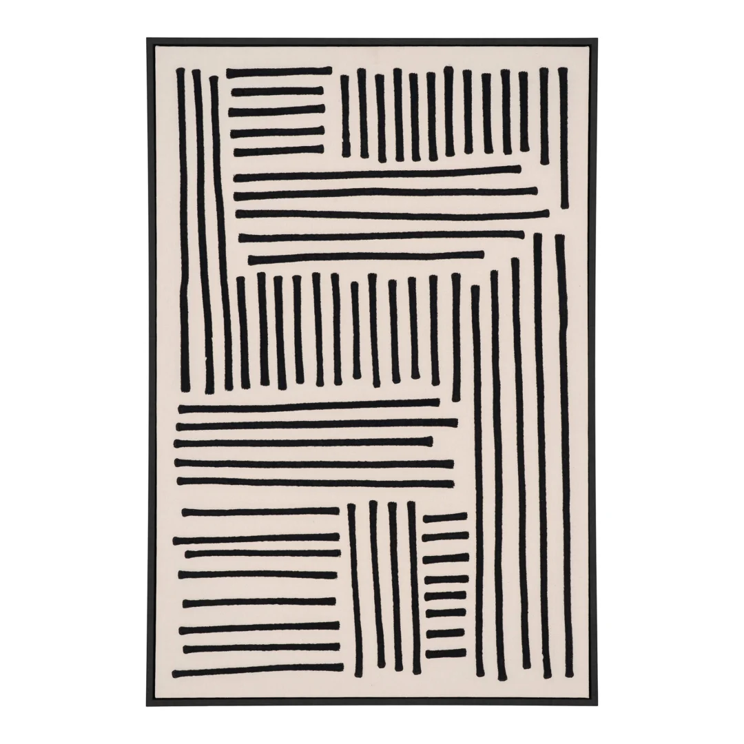 Schilderij Flendil Zwart met abstracte zwarte lijnen op beige canvas, modern ingelijst wanddecoratie