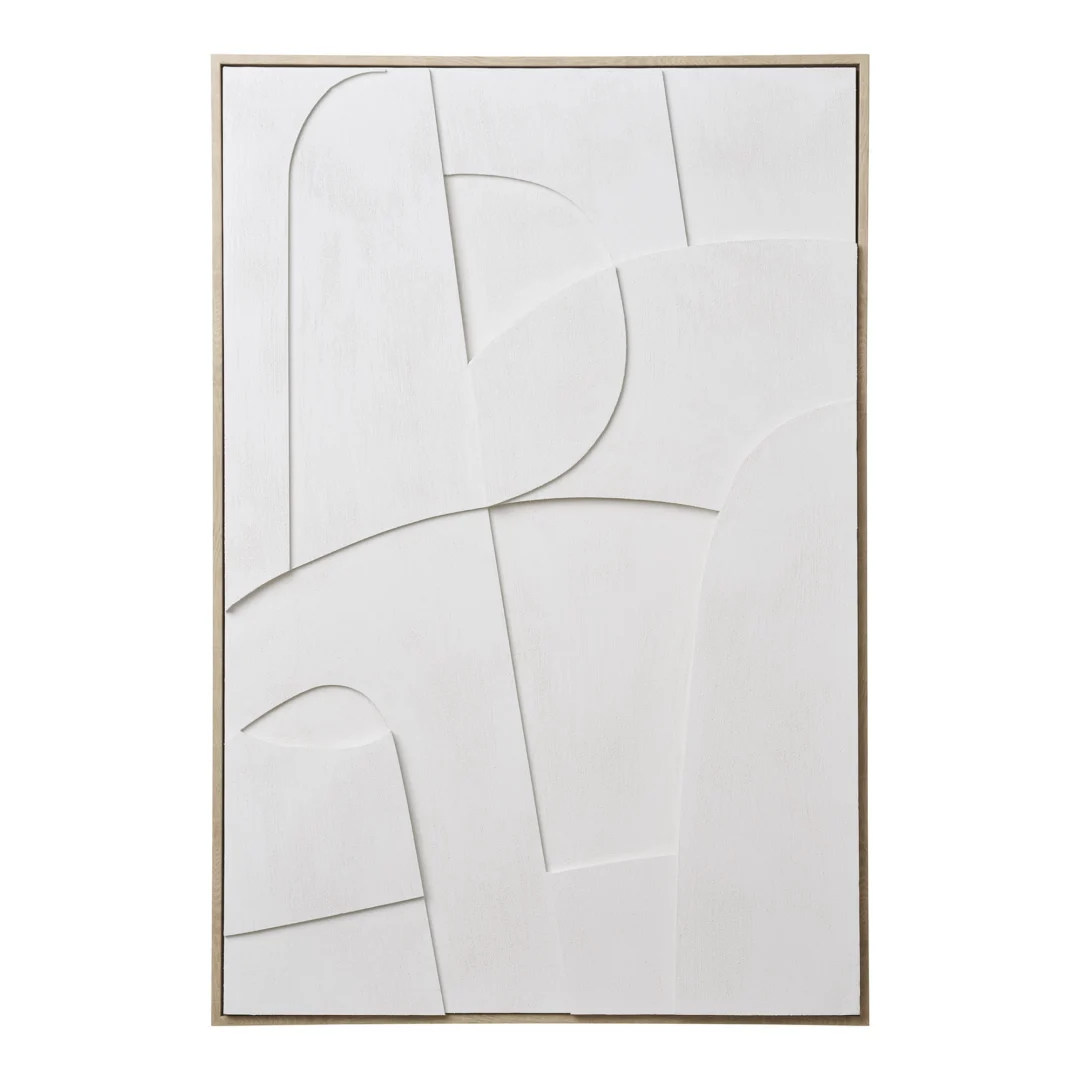 Wanddecoratie Graussea Wit met abstract reliëfdesign en houtkleurige lijst voor een rustige, moderne uitstraling