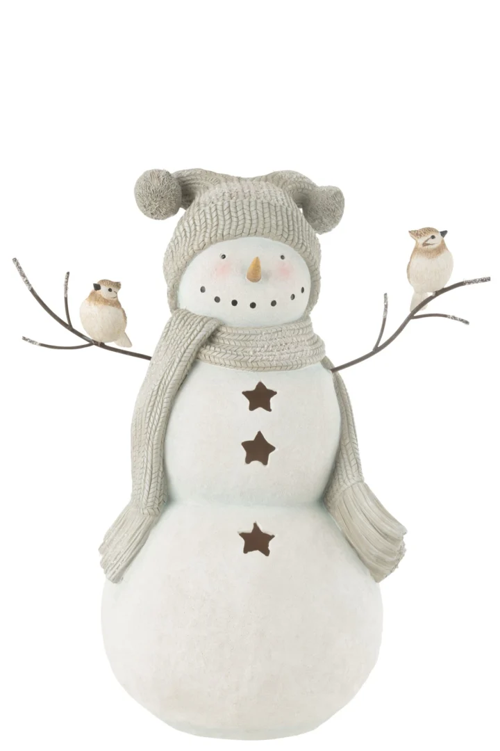 Decoratiefiguur Stierrona sneeuwpop met muts en sjaal, meerkleurig woonaccessoire met vogels, H50 cm