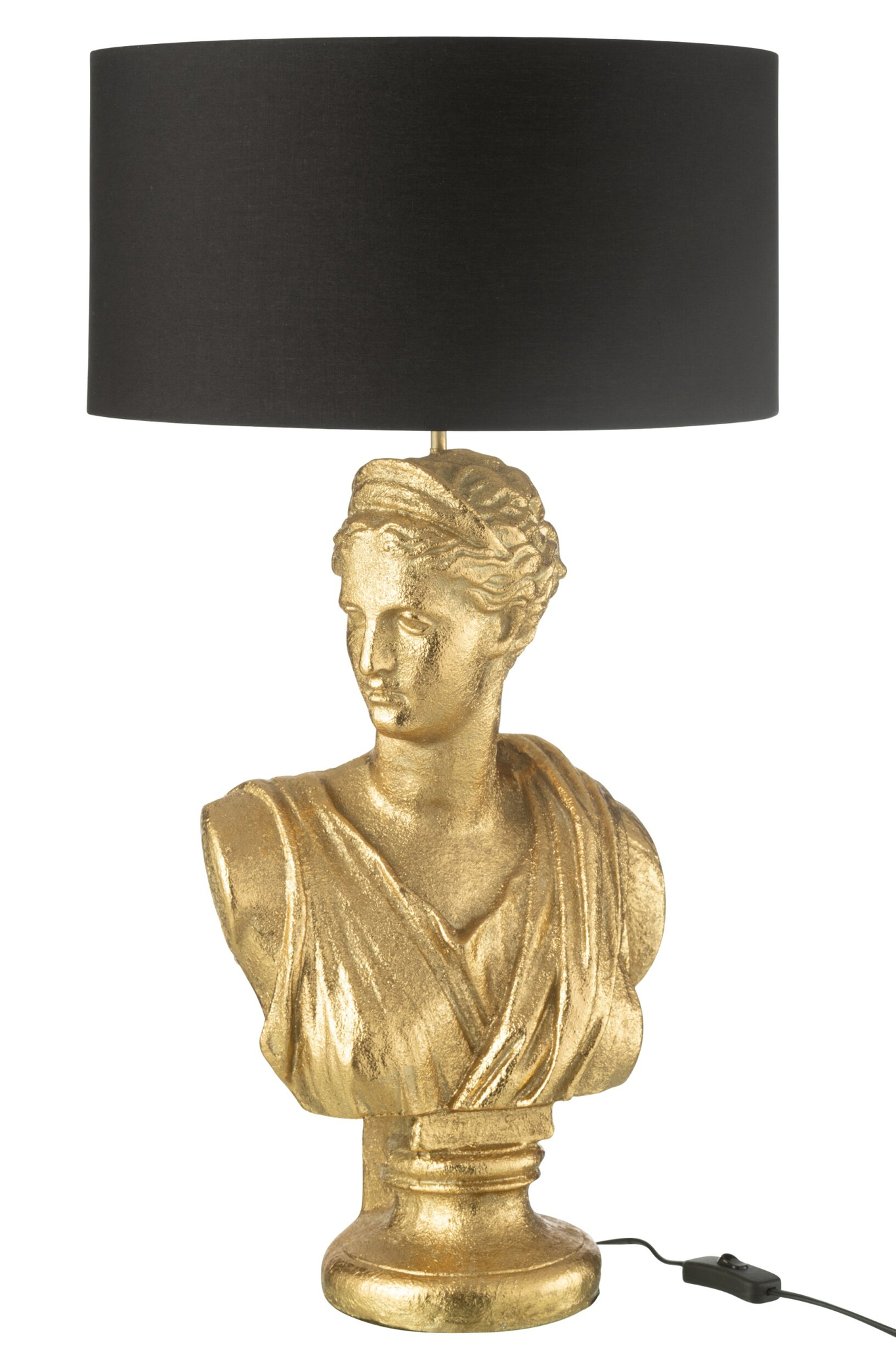 Trelvir Goud lamp met gouden damesbuste, zwarte kap en sierlijke klassieke uitstraling