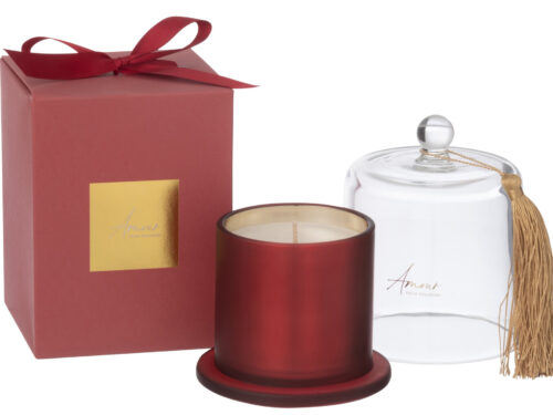 Rode Geurkaars Klardes Palmwas met glazen stolp, luxe giftbox en tasseldecoratie