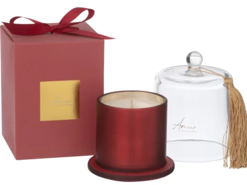 Rode Geurkaars Klardes Palmwas met glazen stolp, luxe giftbox en tasseldecoratie