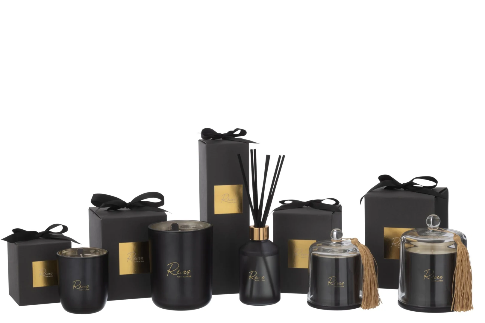 Geurolie Pinnang Zwart set met zwarte flacons, gouden accenten en luxe woonaccessoires met cadeauverpakking