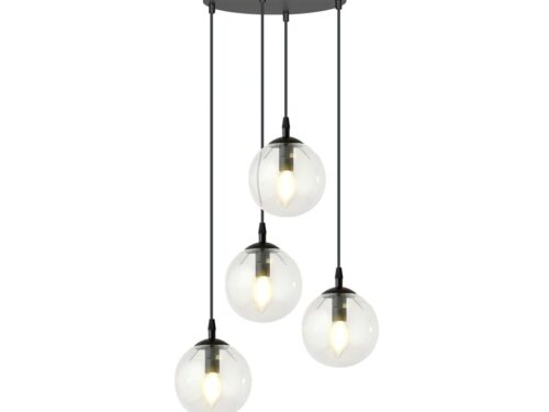 Hanglamp Paunsak Zwart Ø14 cm met vier transparante glazen bollen en zwart gepoedercoat staal