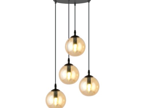 Hanglamp Mardella Zwart Ø14 cm met 4 amberkleurige glazen bollen en verstelbare zwarte snoeren
