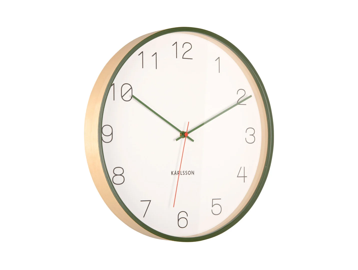 Wandklok Stultea Donkergroen met berkenhout, 40 cm, subtiele groene rand en duidelijke cijfers