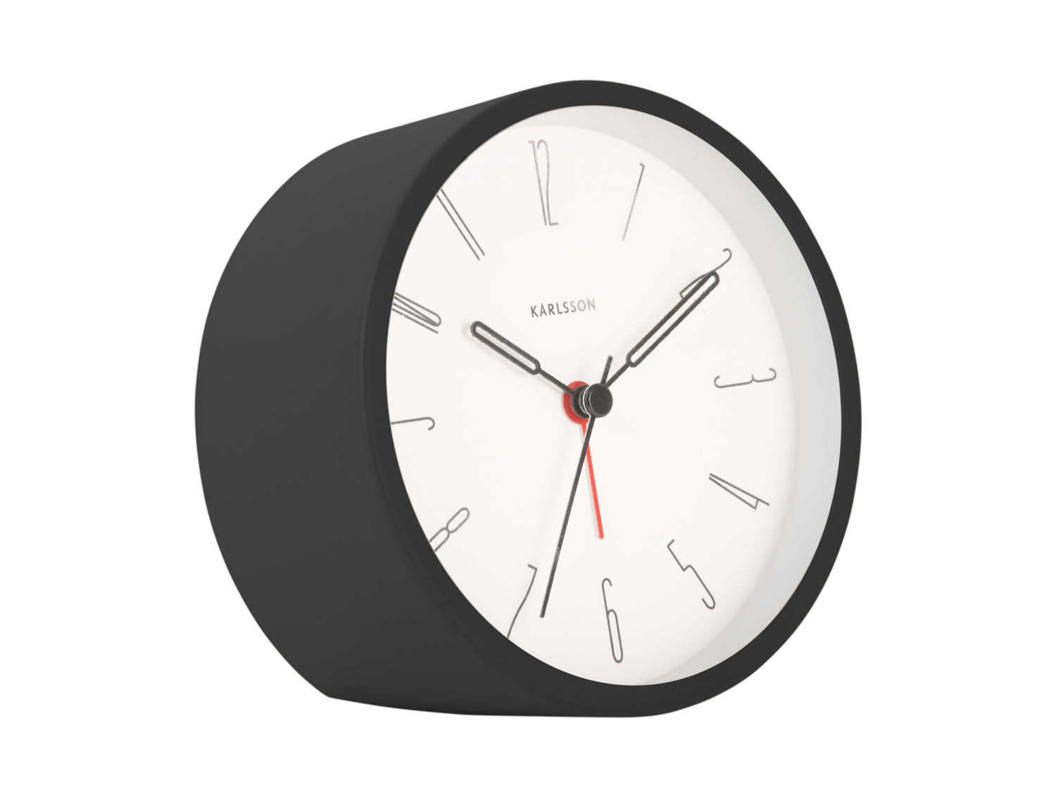 Zwarte Karlsson Cimas wekker met rond wit wijzerplaatdesign en rode secondewijzer, compact voor het nachtkastje