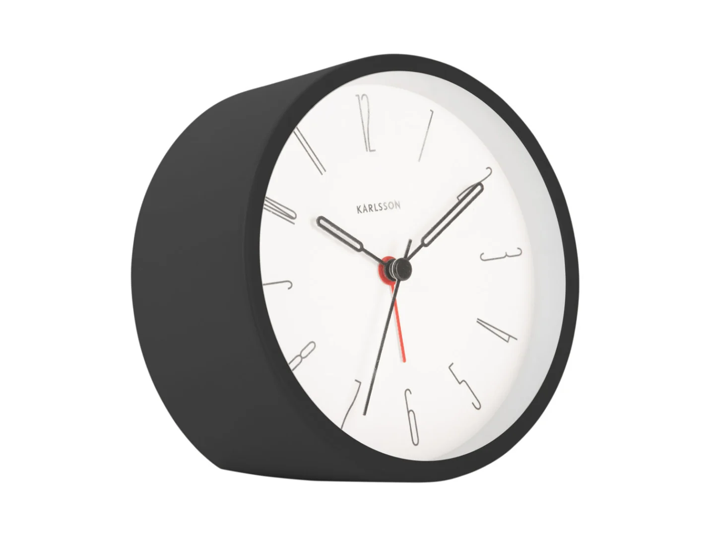 Zwarte Karlsson Cimas wekker met rond wit wijzerplaatdesign en rode secondewijzer, compact voor het nachtkastje