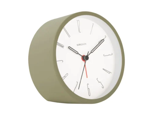 Groene Karlsson Feedaro wekker met compact ijzeren design en minimalistische wijzerplaat
