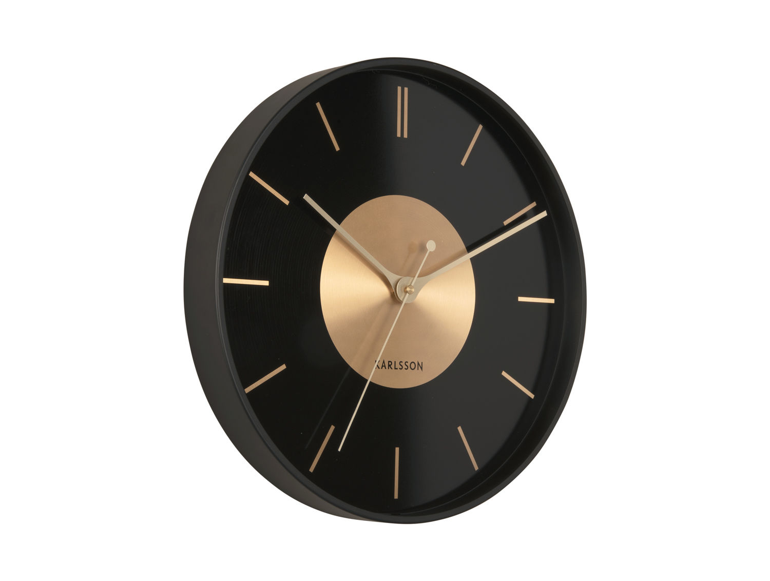 Wandklok Kieldi Zwart met zwart ijzeren frame, brushed gold details en strak, duidelijk design
