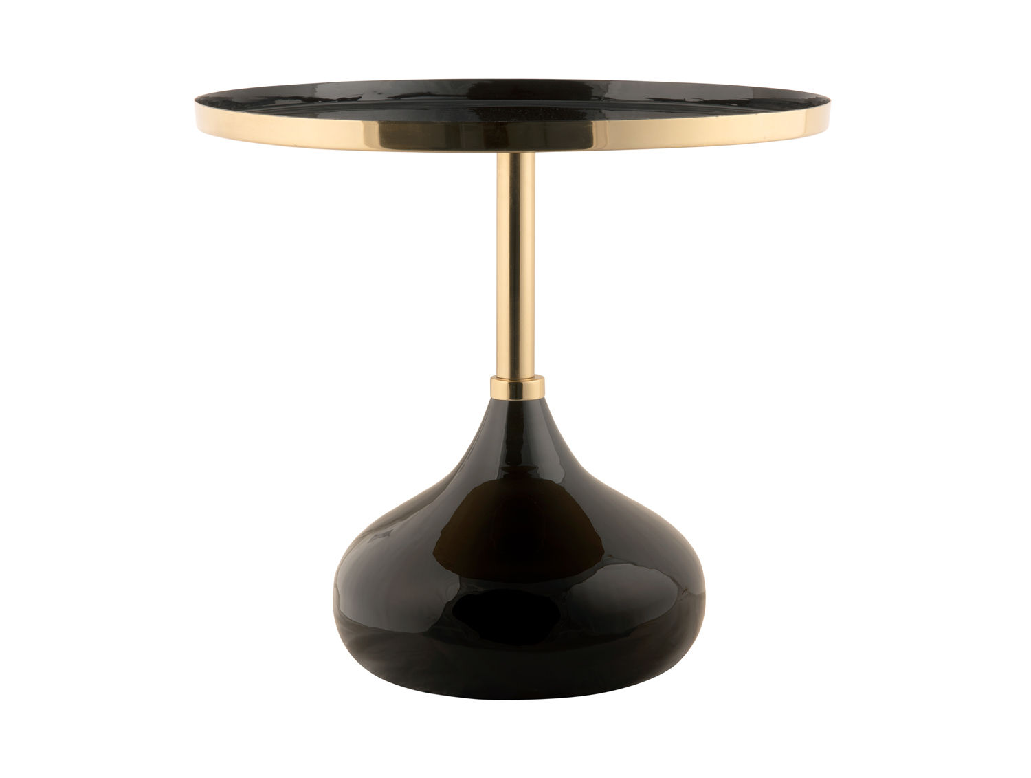 Bijzettafel Nommang met zwarte metalen ronde blad en goudkleurige poot, Ø50 cm, compact en eigentijds