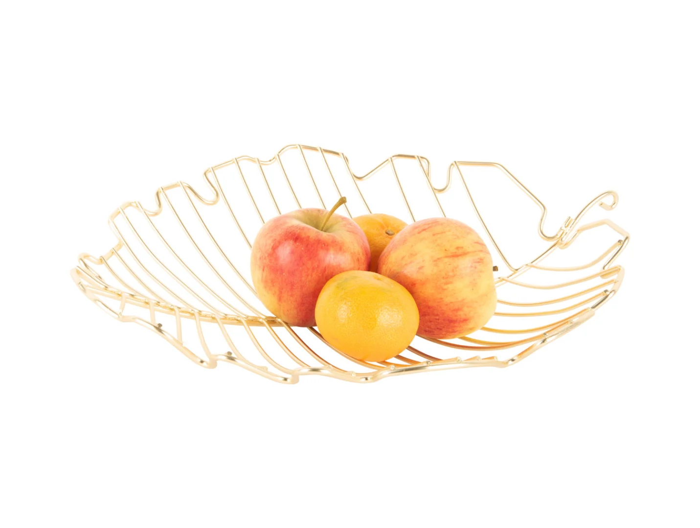 Mand Kendira Metaal Goud, bladvormige open fruitmand van goudkleurig ijzer met subtiele staven