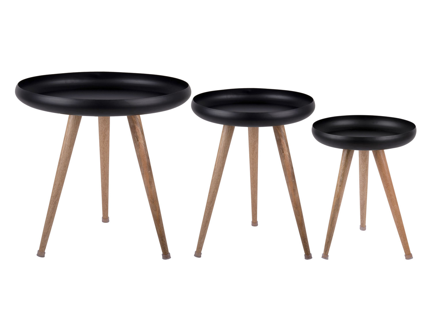 Tafel Girdero Mangohout Ø52 cm bijzettafel met zwart blad en slanke houten poten, set van drie maten