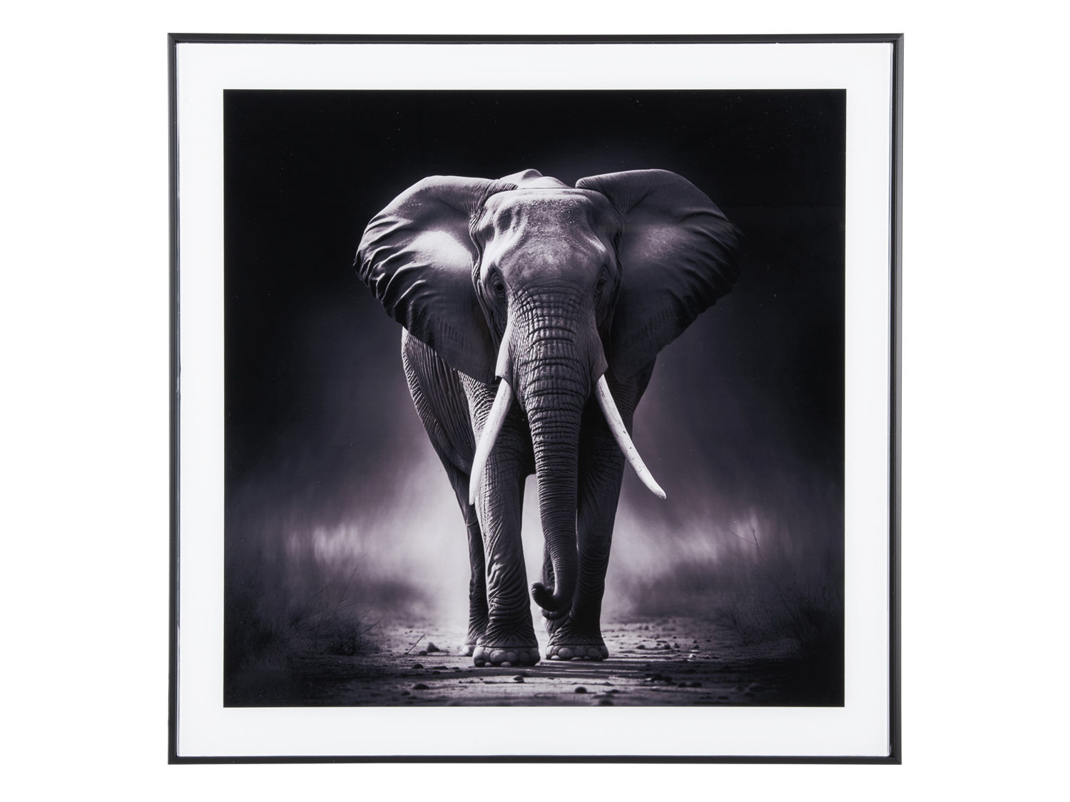 Decoratiefiguur Roollang Glas Zwart met zwarte lijst en stoere olifant als stijlvolle wanddecoratie