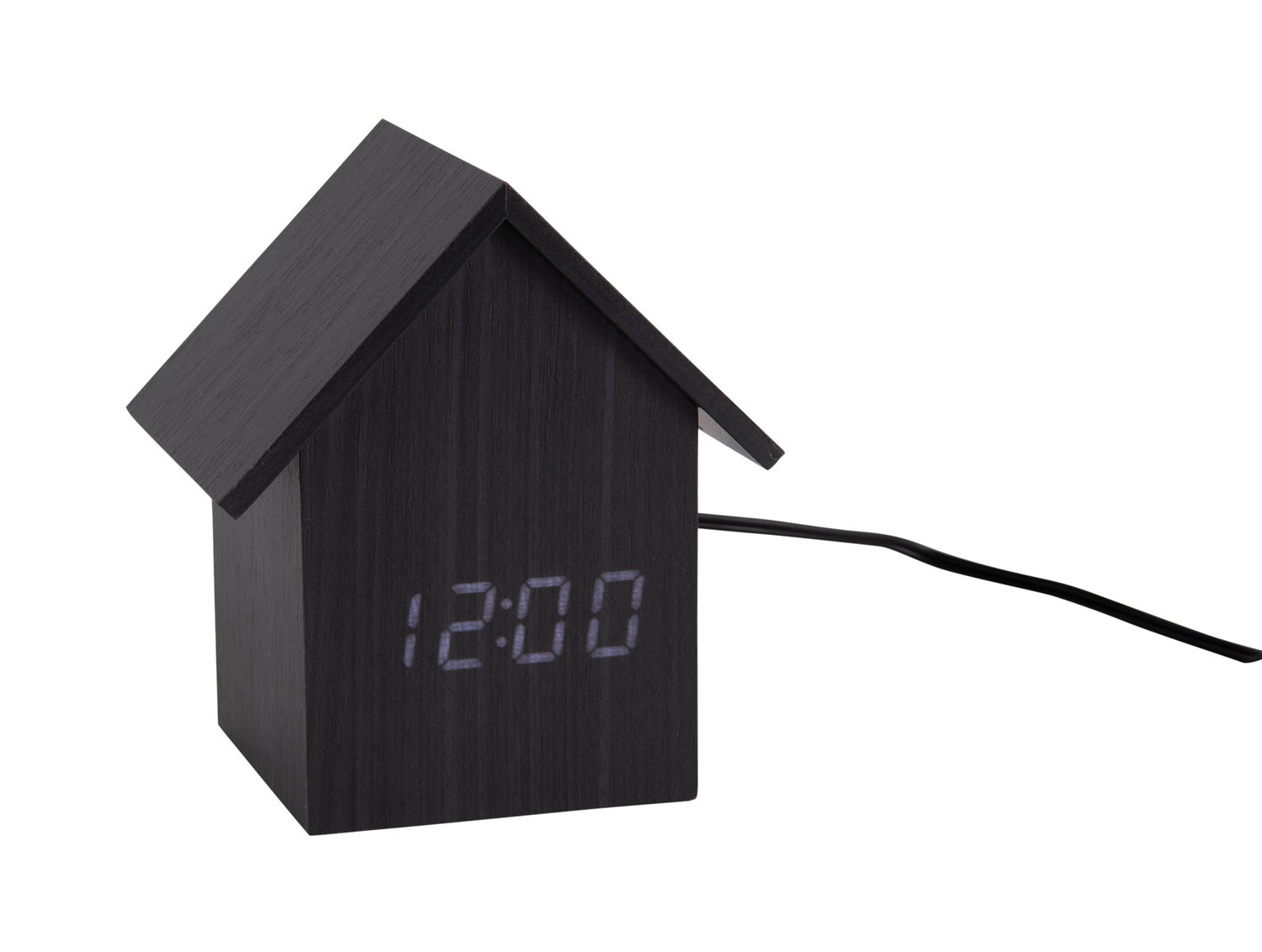 Wekker Feendos zwart in vogelhuisvorm met LED-tijdsaanduiding en snoer