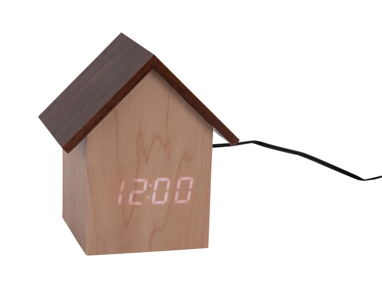Wekker Enzo Zwart LED alarmklok in huisvorm met houten veneer en lichtgevende tijdsaanduiding
