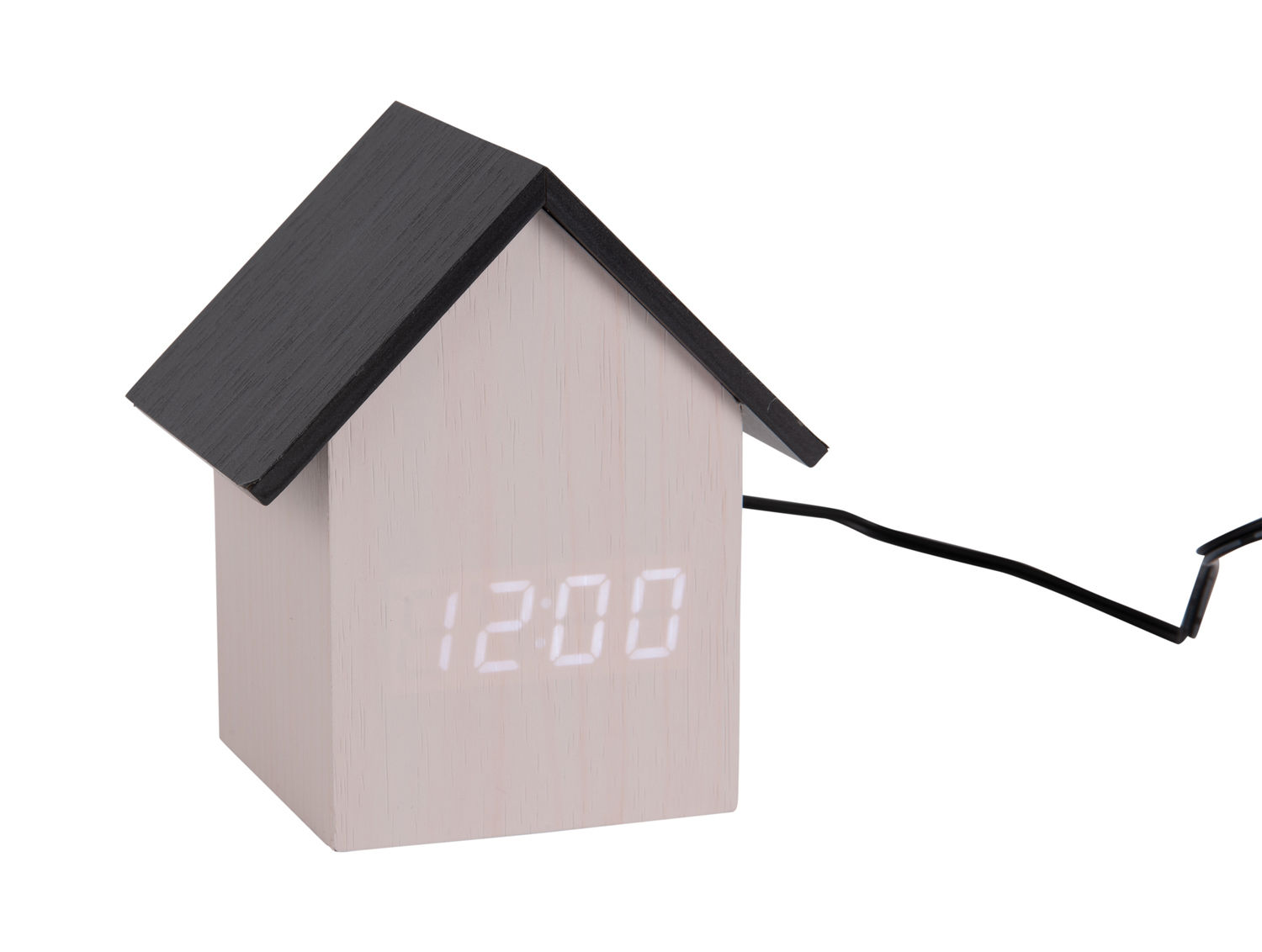 Wekker Pinsaro Zwart in vogelhuisjevorm met LED-display en zwart MDF dak, stijlvol op nachtkastje