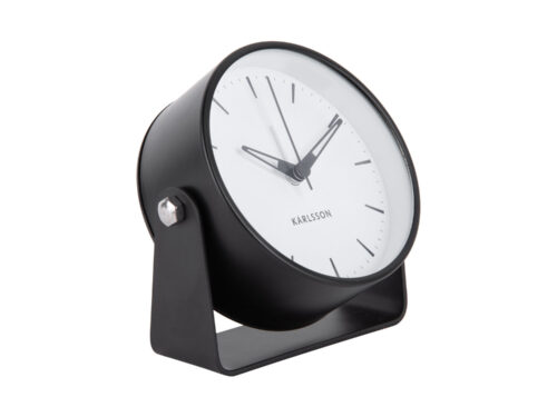 Zwarte Karlsson Trinnea wekker met rond ontwerp, witte wijzerplaat en minimalistische uitstraling