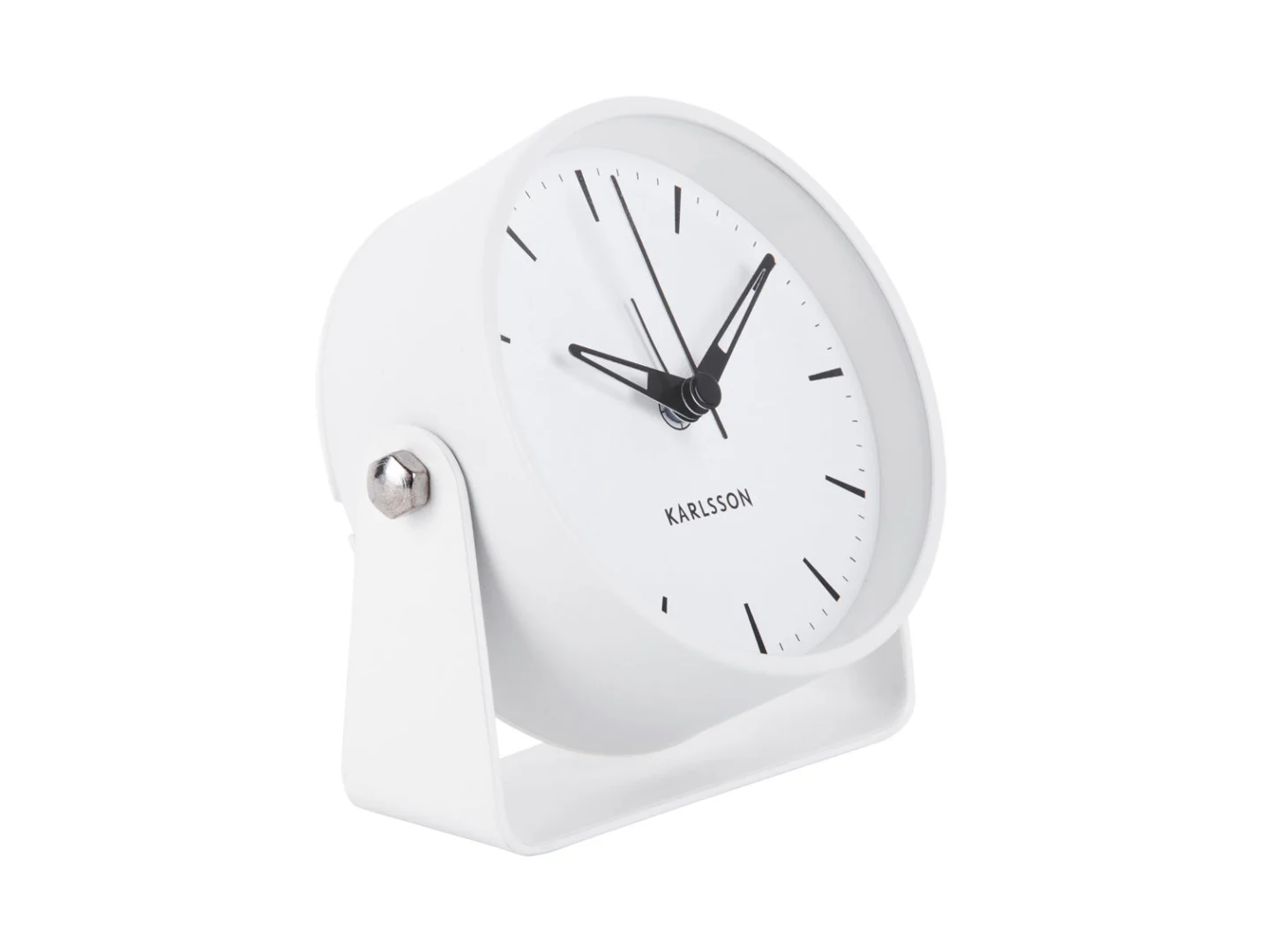 Wekker Neinde Wit van Karlsson, minimalistische witte tafelwekker met zwarte wijzers en strak design