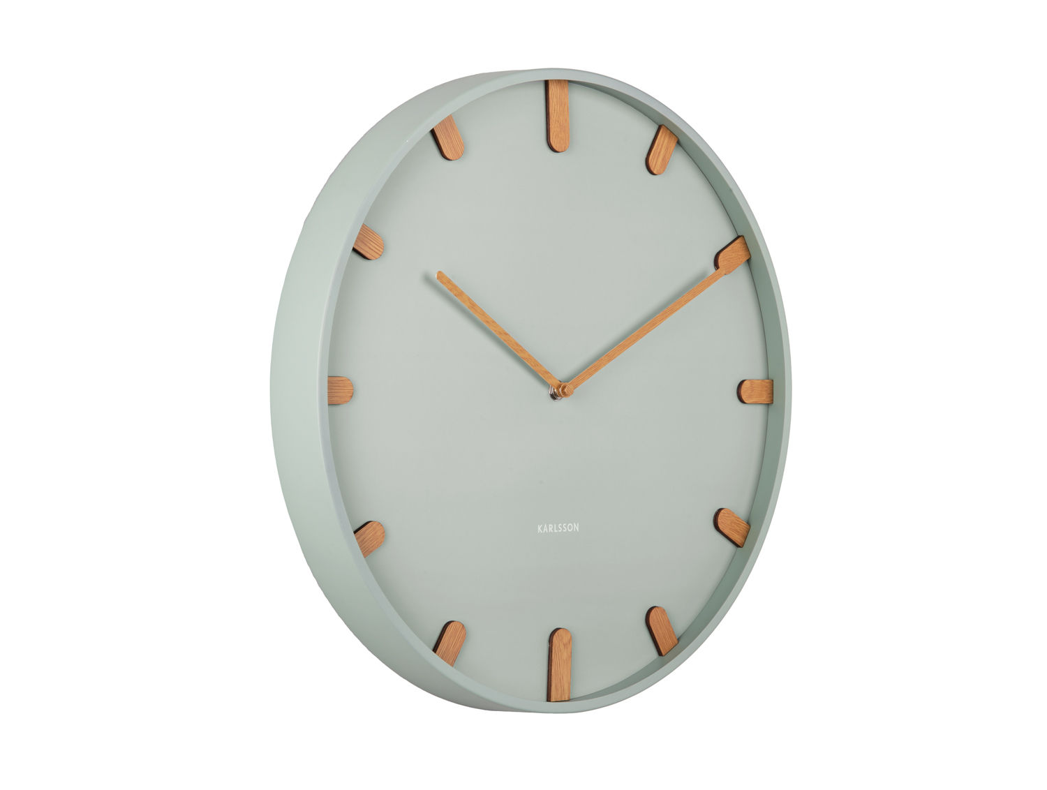 Wandklok Zeelvi Wit met groen-grijze wijzerplaat, houten accenten en strak Scandinavisch design