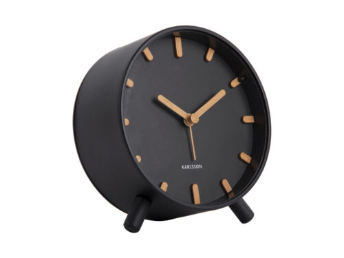 Wekker Skukano Zwart met metalen behuizing, houten accenten en compact rond design