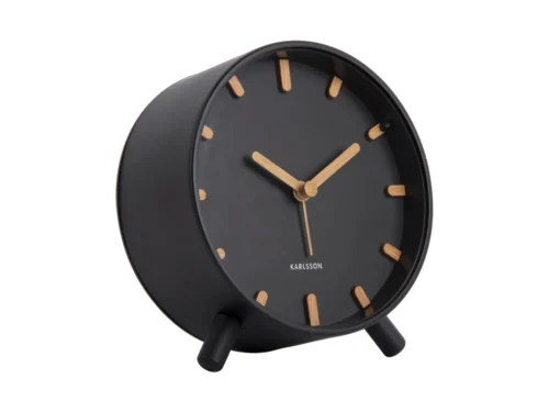 Wekker Skukano Zwart met metalen behuizing, houten accenten en compact rond design