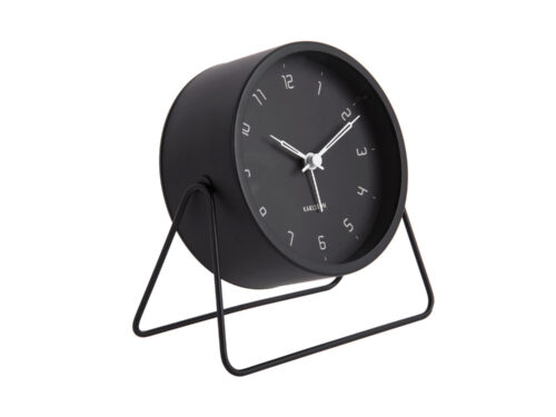 Zwarte Karlsson Wekker Foolda met strak rond design, witte wijzers en metalen standaard