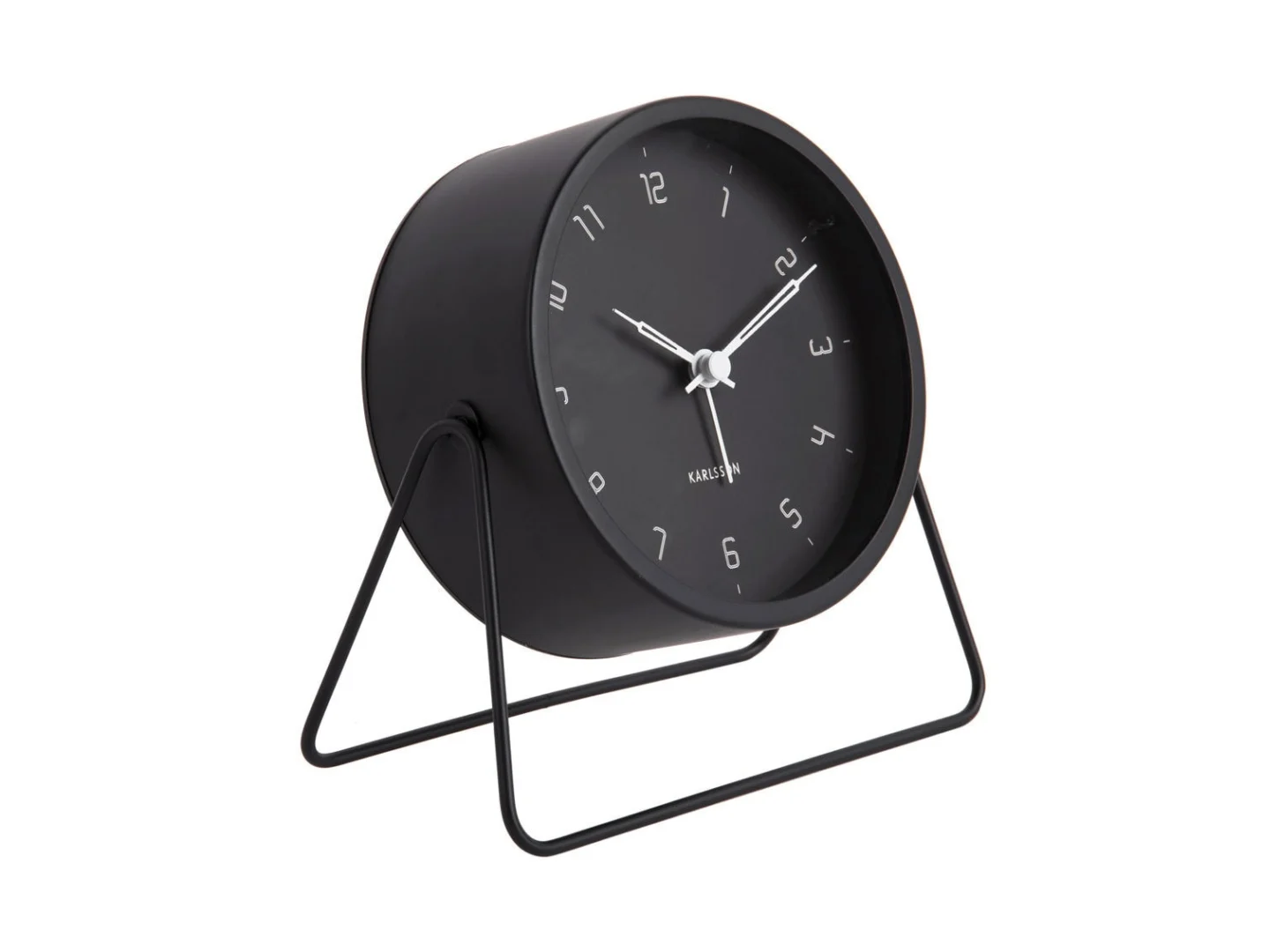 Zwarte Karlsson Wekker Foolda met strak rond design, witte wijzers en metalen standaard