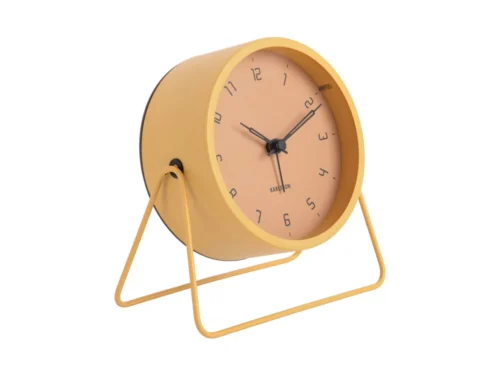 Wekker Raurea Geel met ronde wijzerplaat en slank metalen frame, compacte retro woonaccessoire