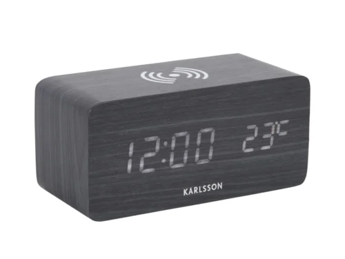 Karlsson Trooldan zwarte wekker met draadloos opladen, digitaal display en compact mdf design