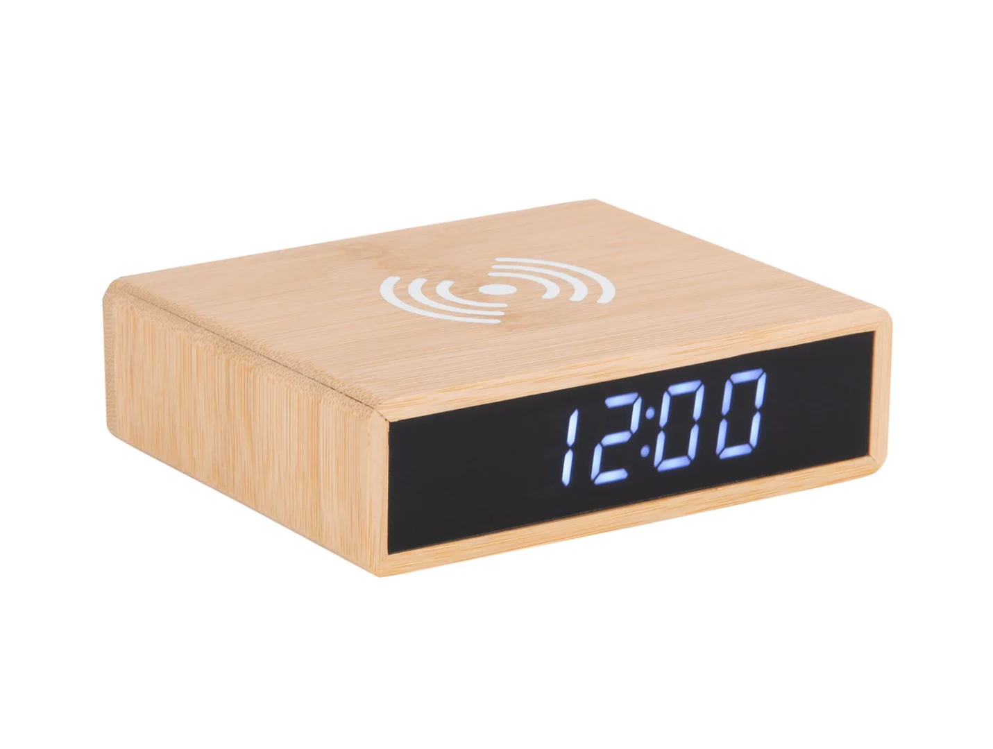 Wekker Sates Bamboe met retro bamboe behuizing, LED-display en draadloos oplaadsymbool