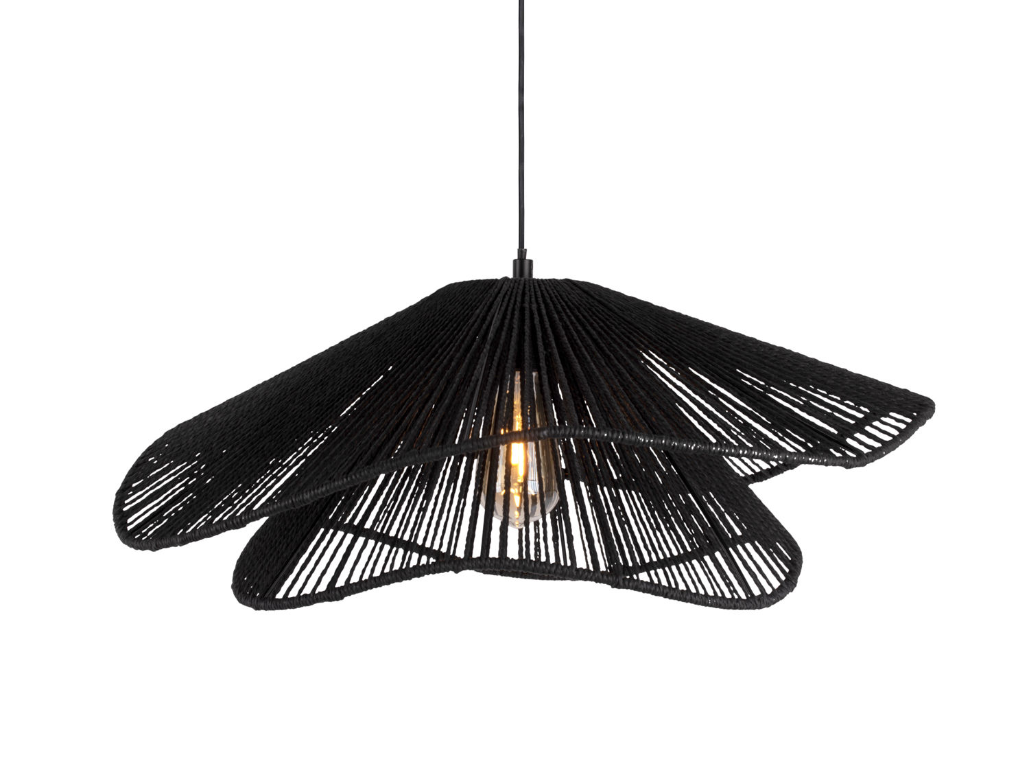 Hanglamp Hollena Papier in zwart met golvende ronde vormen en open geweven kap boven een lampje